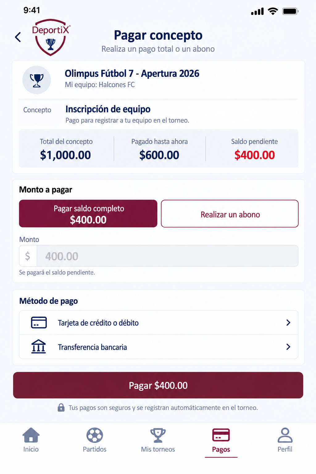 App DeportiX - Pagos